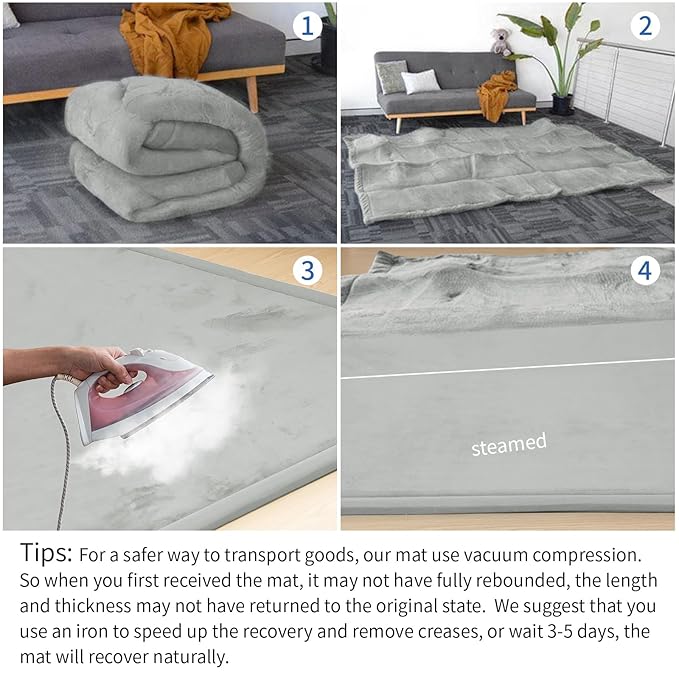 Baby Play Mat for Floor,1.3" Thick Memory foam Tummy Time Mat,Water Repellent Soft Velvet Nursery Rug,Extra Large Non Slip for Crawling,Toddlers,Infants,kids,Tatami Style for Living Room(Light Grey)