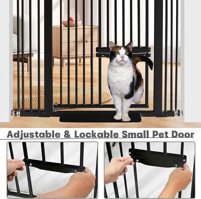 71 Inch Extra Tall Pet Gate with Small Cat Door, 29.55"-46.06" Adjustable Wide Dog Gate, Tall Cats Gates for Doorway, Stairs, House(Black)