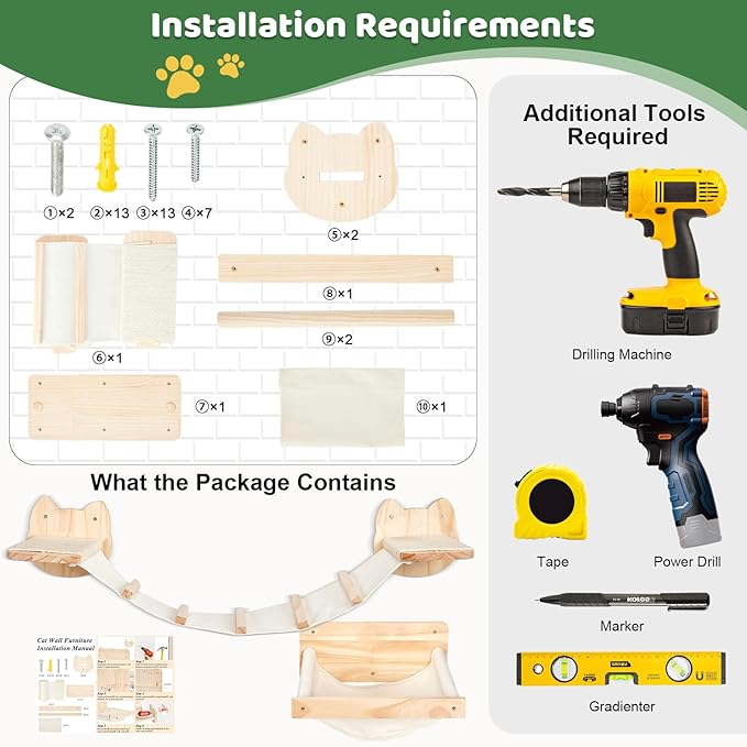 Cat Wall Shelves and Hammock Set, Cat Bridge Wall-Mounted with Climbing Steps and Sisal Roped Scratch Perch, Multi-Level Cats Walls Furniture Bed for Indoor Cats