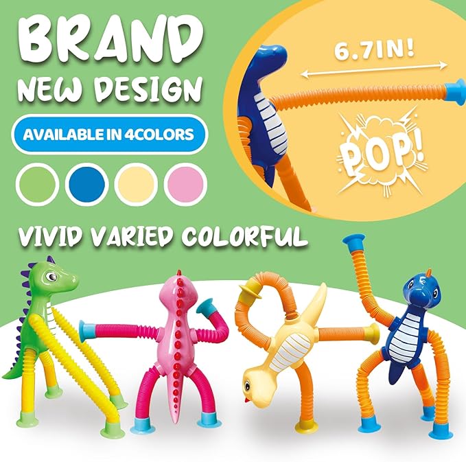 Dinosaur Pop Tubes Toys LED Light Up Mini Figures Fidget Sensory Toys Dino Telescopic Suction Cup Gift Sets, Toddler Autism Stress Relief Party Favors Prizes Stocking Stuffers for Kids 3+