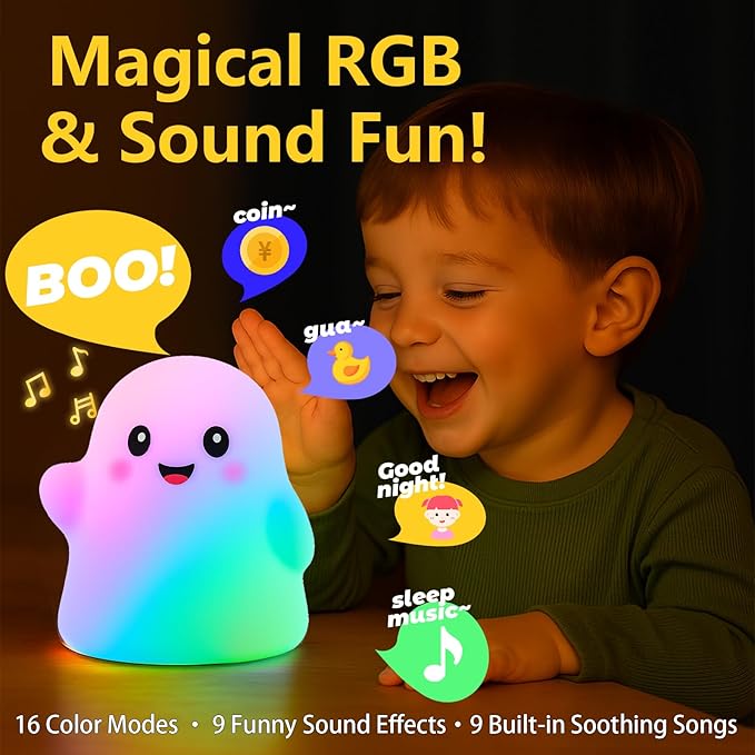 Halloween Ghost Night Light RGB – Touch Night Light for Kids, Rainbow Color-Changing,30-Min Timer,Sounds & Sleep Music, Squishy Silicone, USB Rechargeable, Nursery Decor, Ghost Light Decor