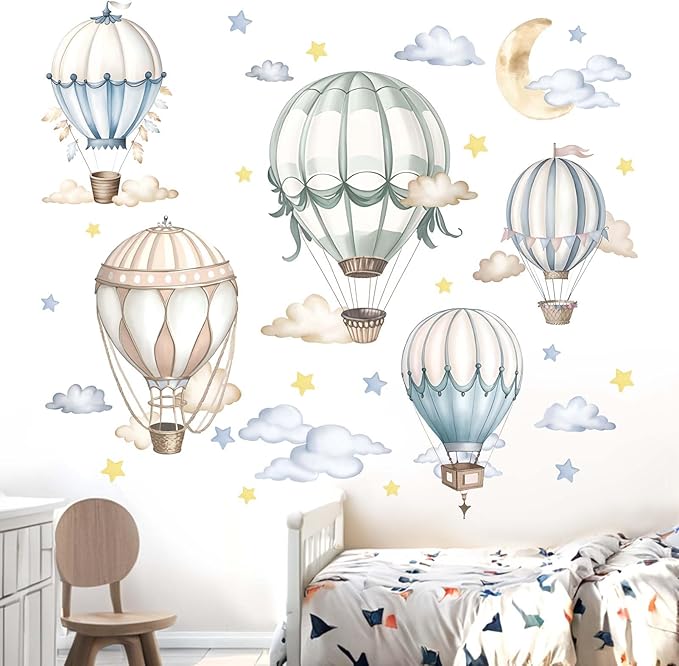 Baby Balloon Wall Stickers for Nursery: Kids Boys Girls Bedroom Wall Decals - Hot Air Balloon Stars Cloud