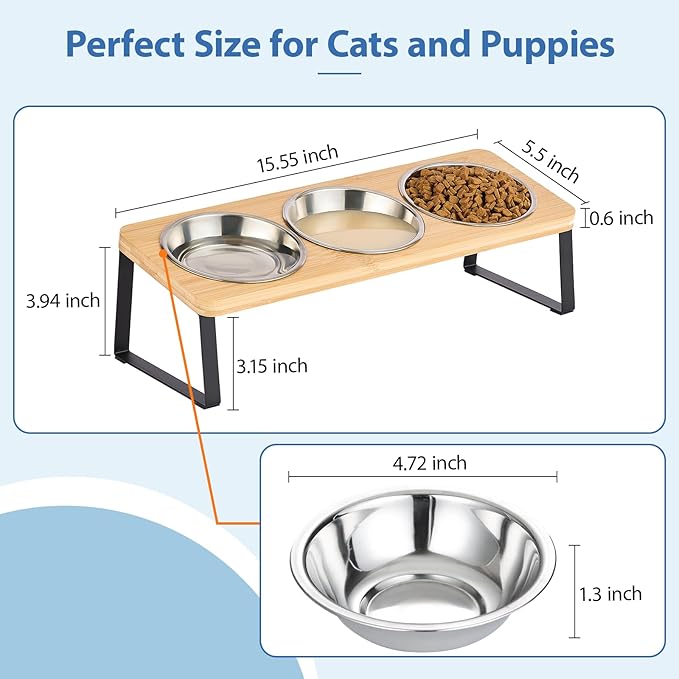 Elevated Cat Bowls, 15° Tilted Raised Cat Food and Water Bowl, Anti-Vomit & Whisker-Friendly Design, 3 Stainless Steel Bowls for Cats and Small Dogs