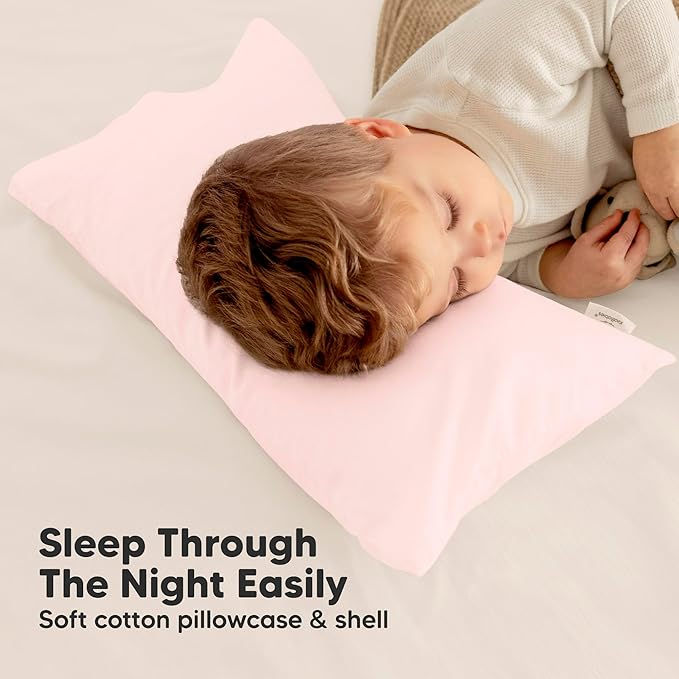 Toddler Pillow with Pillowcase - 10x18 My Little Dreamy Kids Travel Bed Pillows for Sleeping, Organic Cotton Small Pillowcase, Soft & Breathable, Machine Washable, Toddlers 2-5 Years Old (Mist Pink)