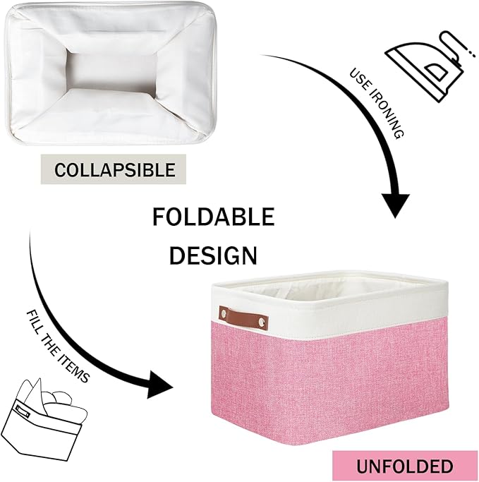 DULLEMELO Storage Baskets for Organizing, Shelves,Bedroom, Decorative Storage Bins with Faux Leather Handles, Fabric Storage Basket for Office, Toys(3-Pack, White&Pink)