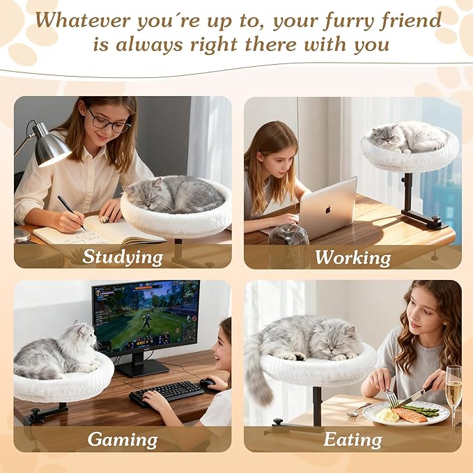 Adjustable Cat Desk Bed, 360° Rotatable Elevated Desk Cat Bed for Home Office, Space-Saving Design Table Supports Up to 60 lbs, Soft Faux Fur Bed with Removable Washable Cover (Beige)