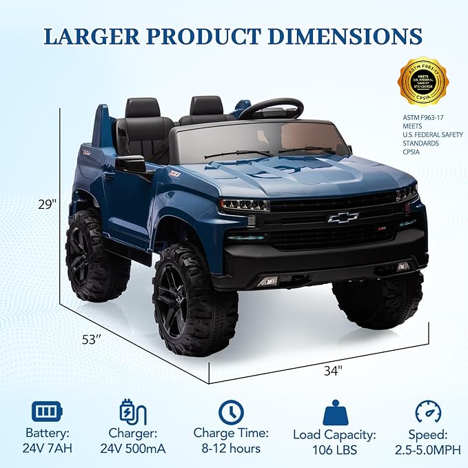 Hetoy 24V 2-Seater Truck Licensed Chevrolet Silverado Ride On Car Toy w/Parent Remote Control,4xSpring Suspension, 3 Speeds, Wireless Music, MP3 Player, Electric Vehicle Car for Kids, Blue