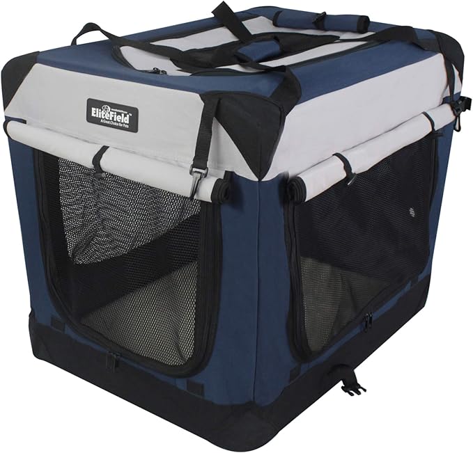 EliteField 4-Door Folding Soft Dog Crate with Curtains, Carrying Bag and Fleece Bed (2 Year Warranty), Indoor & Outdoor Pet Home (30" L x 21" W x 24" H, Navy Blue+Gray)