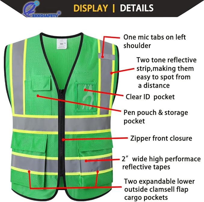 Reflective Mesh Safety Vest for Men Women with 5 Pockets and Zipper Front High Visibility Mesh Vest Hi Vis Construction Work Vest,Meets ANSI/ISEA Standards(EK175-Green-S)