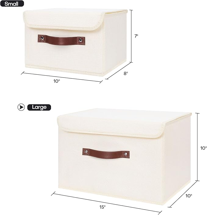ANMINY 2PCS Storage Bins with Lid PU Leather Handles Storage Boxes PP Plastic Board Decorative Foldable Lidded Cotton Linen Fabric Home Cubes Baskets Closet Organizer Containers - Beige, Large Size