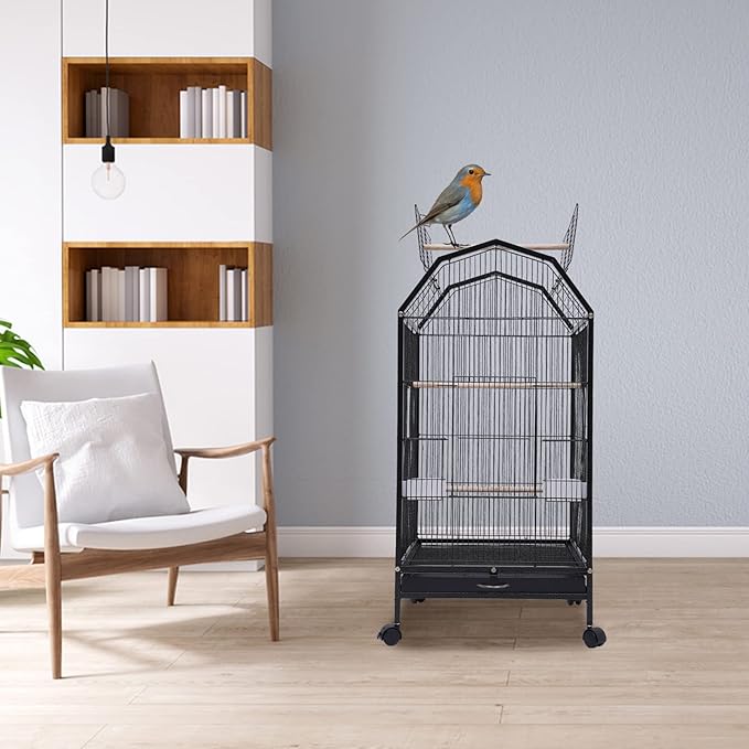 Large Bird Cage, Movable Pet Bird Flight Cages with 5 Doors, Panorama Bird Aviary Indoor with Stand 17.9x17.9x39.9, Fit for a Canary, Finch, Cockatiels, Conures, Parrot, Lovebirds