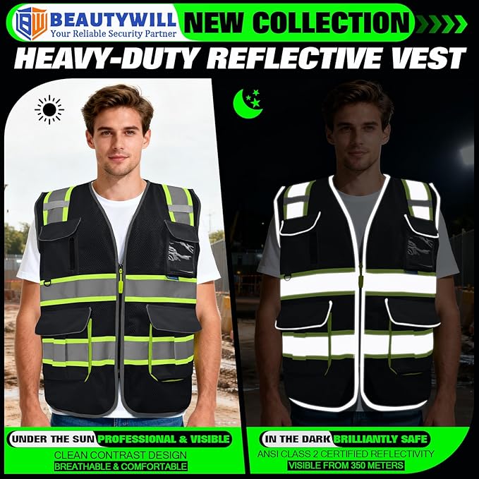 BeautyWill 5 Pack Safety Vest Class2 ANSI Certified Custom Logo High Visibility Reflective Vest for Men -10 Pockets Personalized Logo Heavy-Duty Work Vest（Mesh Black，4XL）