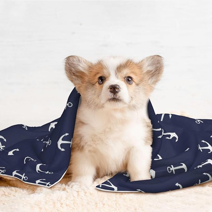 Double Sided Pet Throw for Dogs Who Shed, Nautical Anchor Navy, Reversible Blanket with Nubby Dot Side Catches Loose Fur for Easier Furniture Cleanup