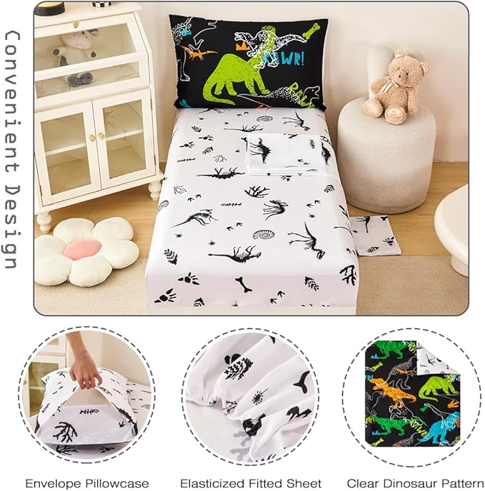 PERFEMET Twin Kids Bedding Sets 4-Piece Cartoon Dinosaur Boys Comforter with Sheets Ultra Soft Reversible Colorful Animal Children Bed in a Bag Set(Dinosaur, Twin)