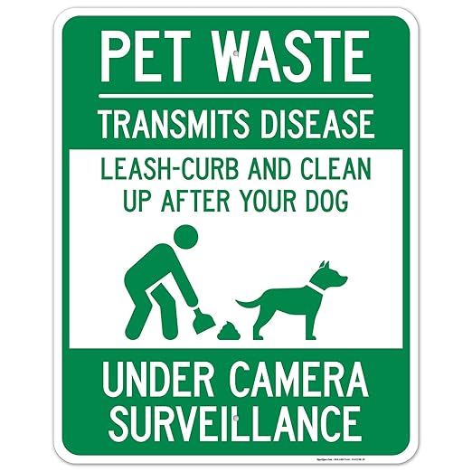 Pet Waste Leash-Curb and Clean Up After Your Dog Under Camera Surveillance Sign, 24x30 Inches, Rust Free .063 Aluminum, Fade Resistant, Made in USA