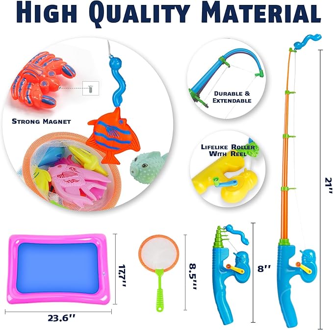 CozyBomB™ Magnetic Fishing Toys Game Set for Kids | Water Table Bathtub Kiddie Pool Party & Pole Rod Net, Plastic Floating Fish Toddler Color Ocean Sea Animals Birthday Age 3 4 5 6 Year