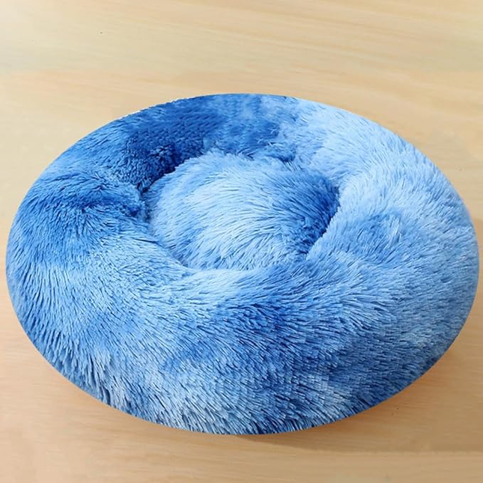 Calming Small Dog Bed Cat Bed, 36 Inch Donut Fluffy Anti-Anxiety Round Bed Washable Cute Bed, Cuddler Warming Cozy Soft Bed, Plush Cushion Bed for Small Medium Dogs and Cats (Blue White)