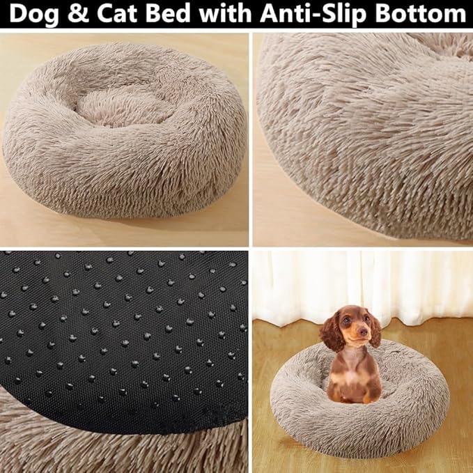 Calming Dog Bed Cat Bed, 24 Inch Donut Fluffy Anti-Anxiety Round Bed Washable Cute Bed, Cuddler Warming Cozy Soft Bed, Plush Cushion Bed for Small Medium Dogs and Cats (Rainbow)