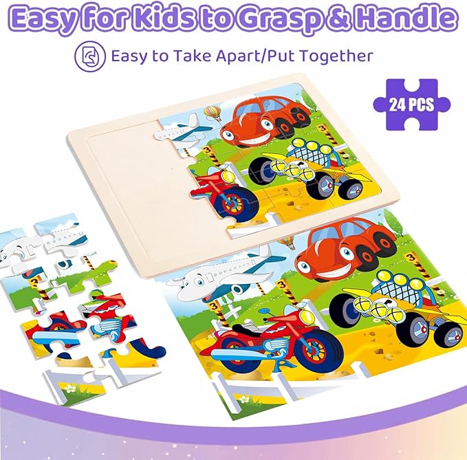 Wooden Puzzles for Kids Ages 4-6, 4 PCs 24 Animals Cars Farm Dinosaur World Jigsaw Puzzles, Preschool Educational Brain Teaser Toys for 3 4 5 6 7 8 Years Old