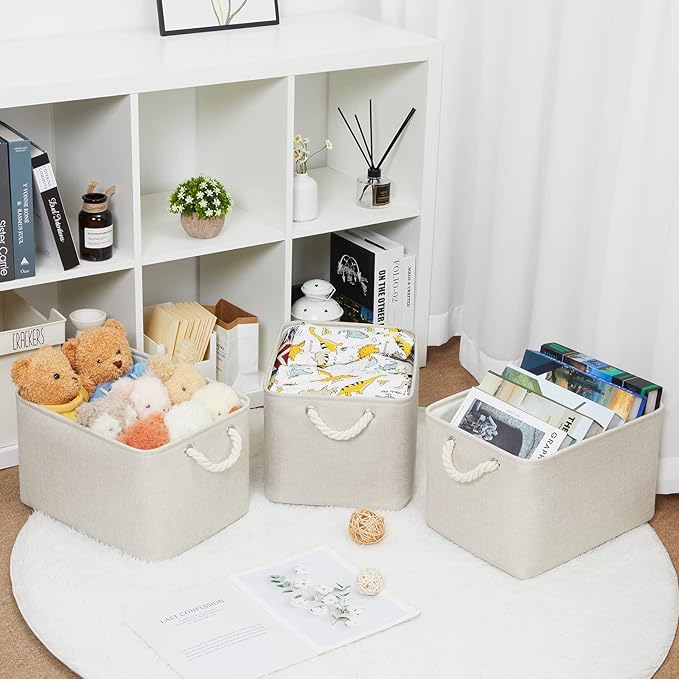 Bidtakay Baskets Collapsible Large Toy Storage Baskets for Organizing Set of 3 Closet Organizer Linen Cream Storage Bins 15 X 11 X 9.5 Inch Shelf Organizer Bins for Nursery Storage (Light Beige)