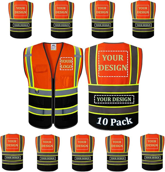 10 Pack Custom Mesh Safety Vest Customized Logo Class2 High Visibility Reflective Vest with Pockets Construction workwear（Orange Black，4XL ）