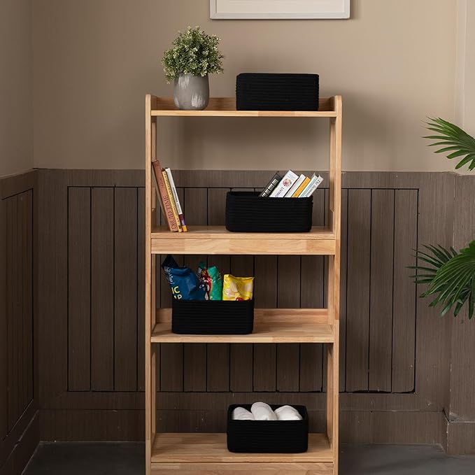 4 Pack Small Storage Shelf Baskets for Organizing, Mini Woven Rope Storage Bins for Towels, Cute Decorative Closet Organizer，Baby Nursery, Gift Empty Baskets -11.81''Lx7.87''Wx4.72''H-Black