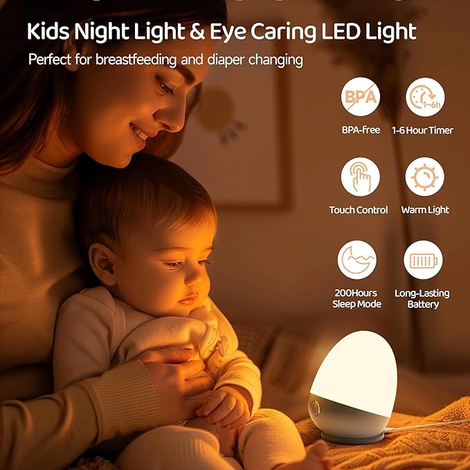 Touch Egg Night Light for Baby Nursery, Rechargeable Portable Kids Nightlight Lamp with 1-6H Feeding Timer, 3 Color Temperatures Dimmable, Ideal for New Moms of Toddlers