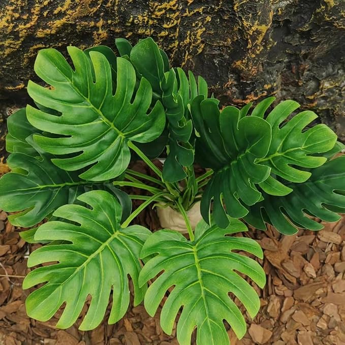 Reptile Terrarium Decor Plants,Amphibian Habitat Decor,Artificial Plants for Tank Accessories,Fake Monstera for Crested Gecko Leopard Lizard Chameleon Ball Python Snake Frog