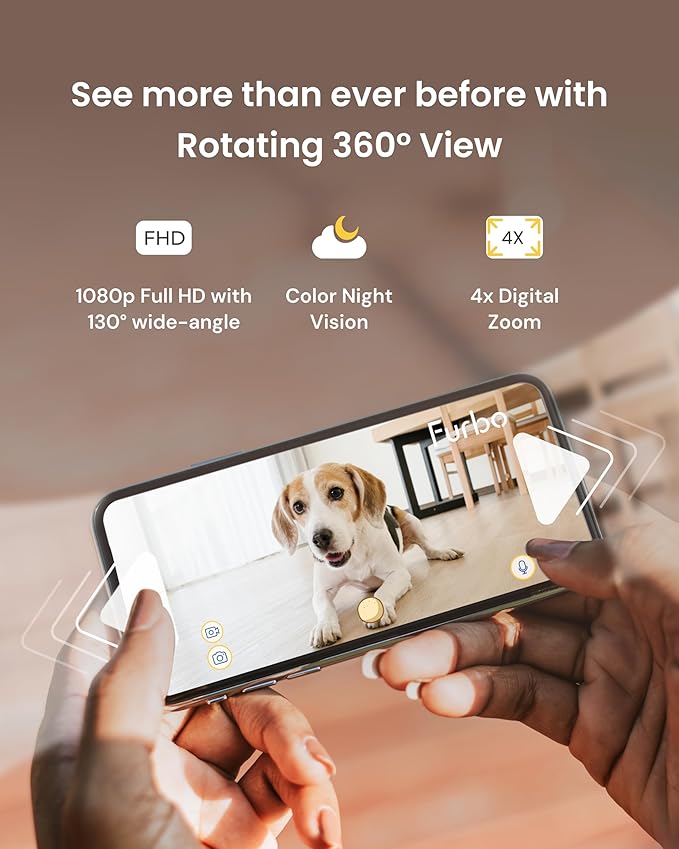 Furbo 360° Dog Camera + Power Adapter: Pet Cam w/Barking Alerts, Rotating View, Treat Toss w/Phone App, Puppy Monitoring, 2-Way Speaker, No Subscription Needed. Standard See, Talk, & Toss Features