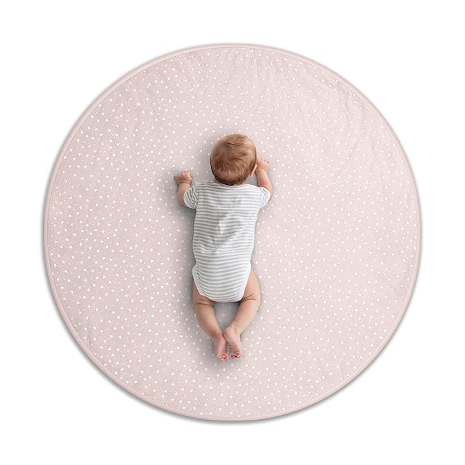 Byrd & Blume Round Baby Play Mat, Organic Cotton Soft Padded Nursery Floor Mat, Safe Hypoallergenic Baby Mat, Reversible, Foldable, Portable Infant Tummy Time Mat Fits Tents & Playpens (40"x40") Pink