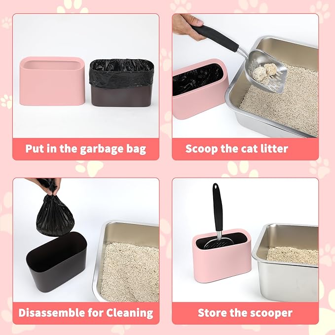 Heavy-Duty Cat Litter Scoop with Holder, Metal Cat Scooper and Detachable Trash Can,Aluminum Kitty Poop Shovel Captures All Clumps,Speed Sifter Litter Box Scooper and Caddy with Lid(Pink)