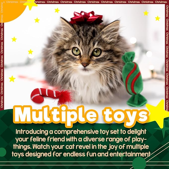 ALL FOR PAWS Christmas Cat Toys with Catnip, Teething Chew Bite Resistant Toy for Indoor Cats, Xmas Gift Kitten Toys, Interactive Kitten Toys