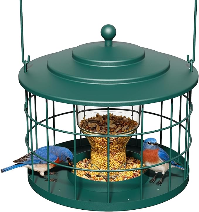 Squirrel Proof Bird Feeder, Metal Cage Bird Feeder for Outdoors Hanging, Starling Resistant Design for Small Birds, Weatherproof with Drain Holes, Easy to Refill, Green