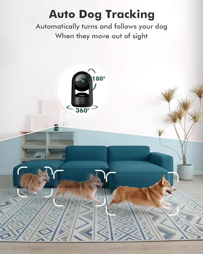 Dzees 2K Indoor Security Camera, 360 Degree WiFi Pet Camera with Phone App, 5G and 2.4G, Wired Home Camera with 2-Way Audio, Motion Tracking, Night Vision, Black, 1 Pack