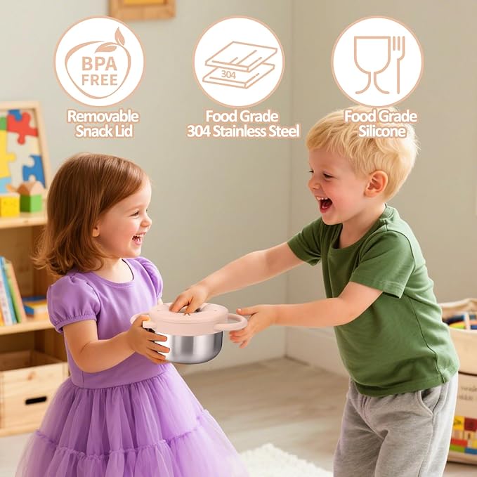 BUSOHA 2 Pack Stainless Steel Toddler Snack Cups - 9 OZ Spill-Proof Baby Snack Containers with Silicone Catcher and Lid Travel Snack Containers for Kids Dishwasher Safe Food Grade Silicone