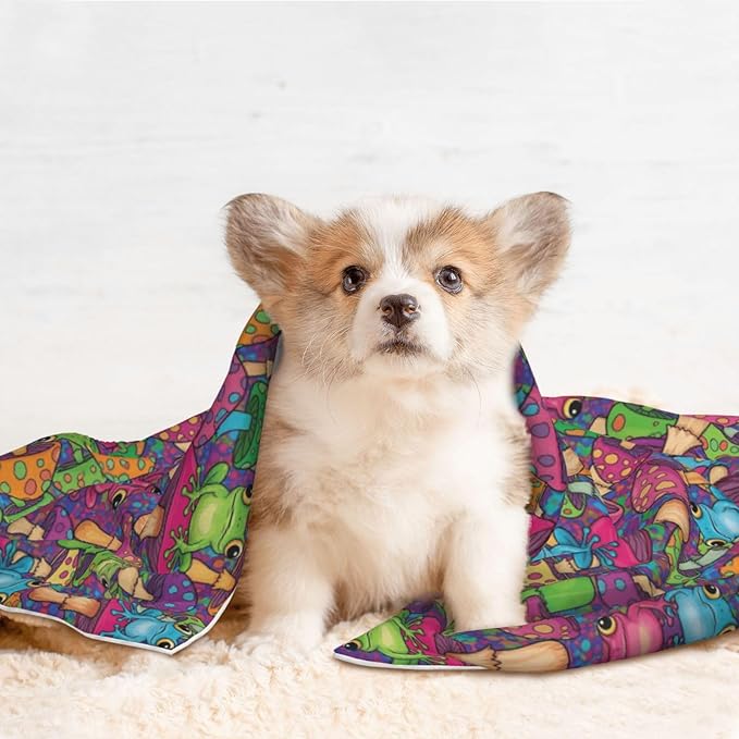 Pet Blanket for Couches and Beds, Watercolor Frogs Trippy Mushroom Cartoon, Reversible Double Sided Plush Design with Soft Bumpy Texture and Smooth Surface, Furniture Protector