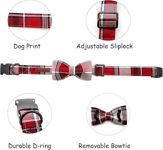 Dog Collar, Christmas Dog Collar Plaid Pet Collar Bow Holiday Bows Girl Boy Puppy Collar Adjustable Pet Collar for Large Dogs
