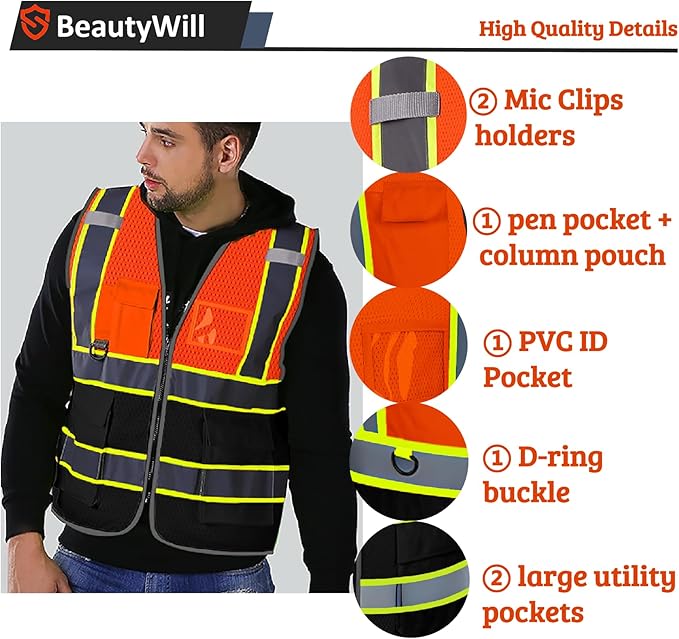 Custom Safety Vest Customized Logo Mesh Vest Class 2 High Visibility Reflective Vest with Pockets Orange Workwear（Orange Black，L ）