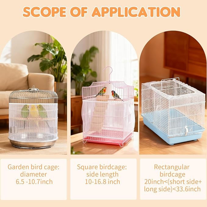 Bird Cage Cover, Circumference 40-68 inches Bird Cage Seed Catcher, White Bird Cage Net Cover, Adjustable Bird Cage Netting for Parrot Enclosures, Round Square Cages