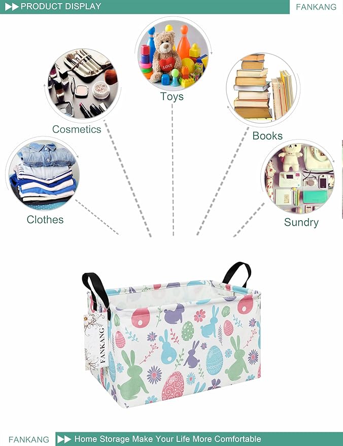 FANKANG Storage Bins, Nursery Hamper Canvas Laundry Basket Foldable with Waterproof PE Coating Large Storage Baskets for Kids Boys and Girls, Office, Bedroom, Clothes,Toys(Rec-Easter egg）