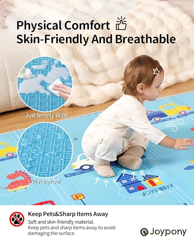 Baby Play Mat, 79" X 71" X 0.6" Extra Large & Thick Reversible Foldable Play Mats for Babies and Toddlers, Anti-Slip Portable Baby Floor Mat for Tummy Time, Baby Mat for Floor with Travel Bag