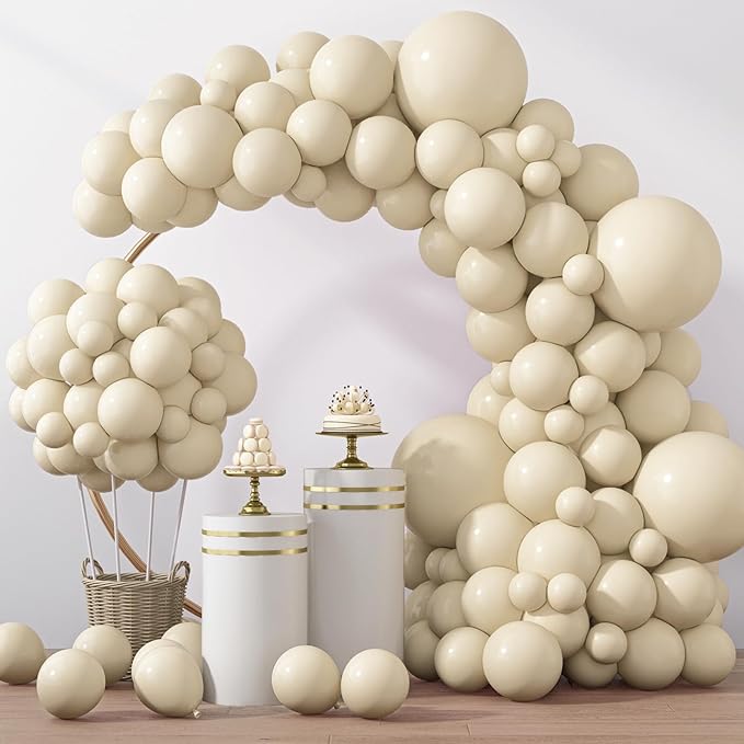 RUBFAC 129pcs Sand White Balloons Different Sizes 18 12 10 5 Inches, Cream Beige Latex Balloon Garland Arch for Birthday Party Graduation Wedding Anniversary Baby Shower Decoration