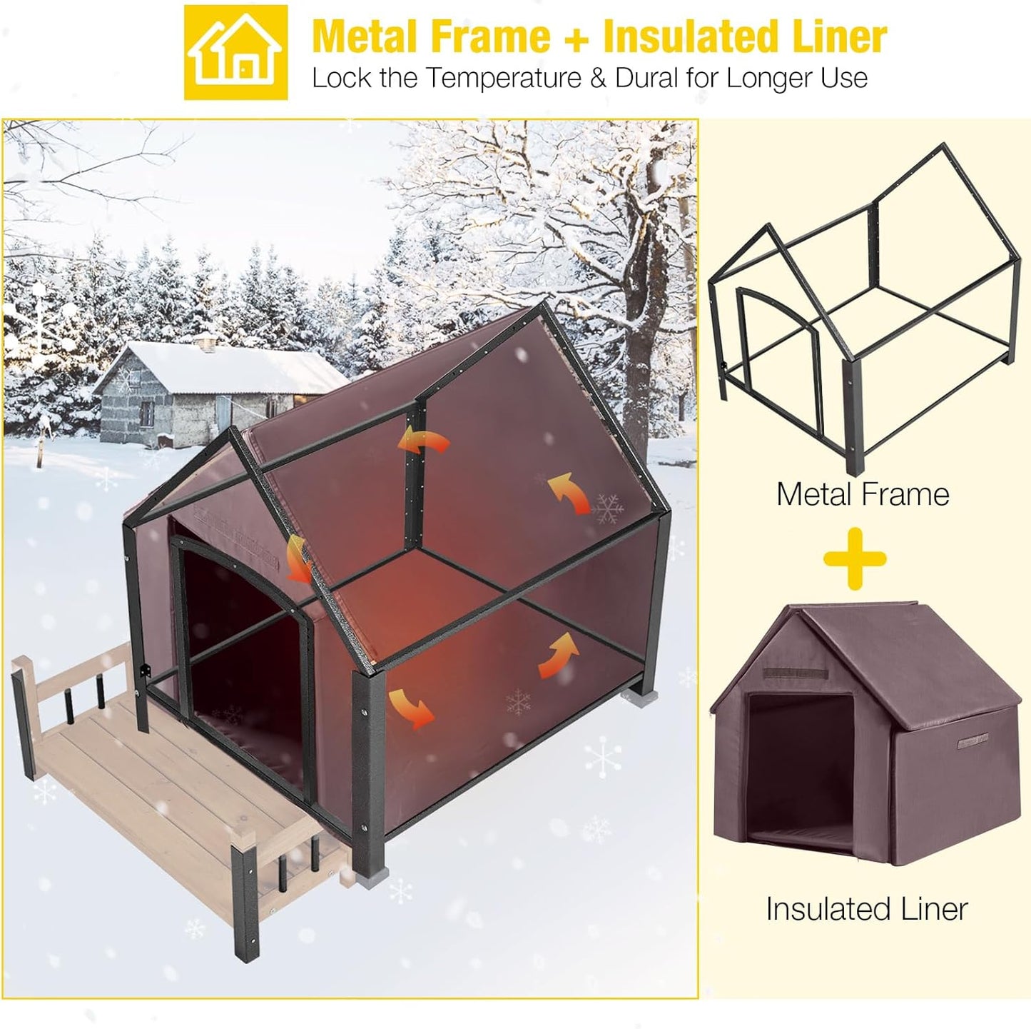 Dog House with Insulated Liner, Waterproof Dog Kennel for Small to Large Sized Dogs, Outdoor Doghouse 100% Insulated Puppy Shelter with Elevated Floor for Winter(Brown)