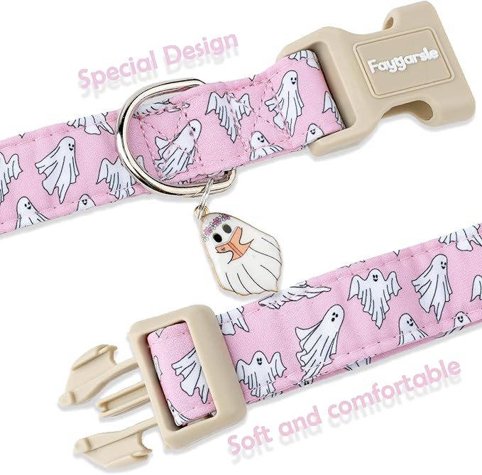 Faygarsle Pink Ghost Pattern Dog Collar with Charm, Halloween Pet Necklace, Adjustable Collar for Small Medium Large Dogs S