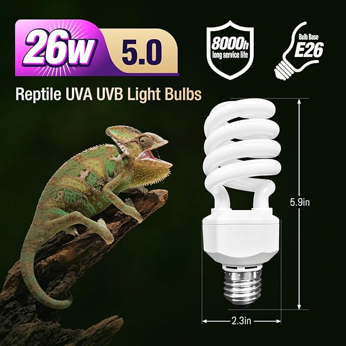 Leoterra Turtles UVB Light 26w 5.0 UVB Light Bulb for Reptiles Tank Accessories UVB Bulb for Turtles and Tropical Terrarium UVB Lighting. Long Lasting UVB Lamp Easy to Install (26W 5.0)