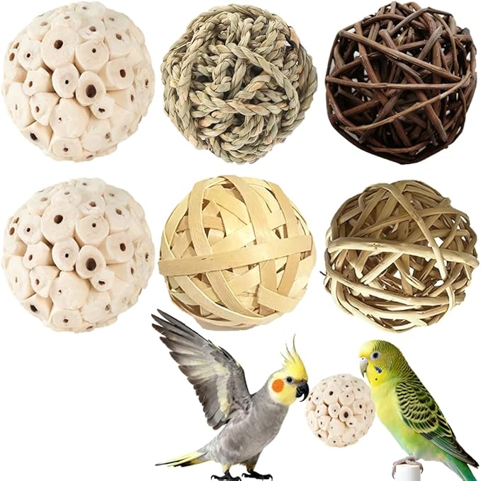 Bird Toys (6Pcs) - Chew Grass Balls, Cage Enrichment | Chewing and Shredding Parrot Toys | Ideal for Parakeets/Cockatiels/Conures/Lovebirds and Small to Medium Birds