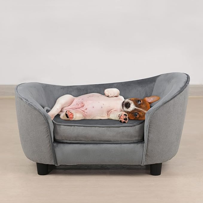 Getifun Pet Sofa Bed, Velvet & Linen Fabric Pet Couch Chair with Removeable & Washable Cushion for Small Dogs Cats (Light Gray)