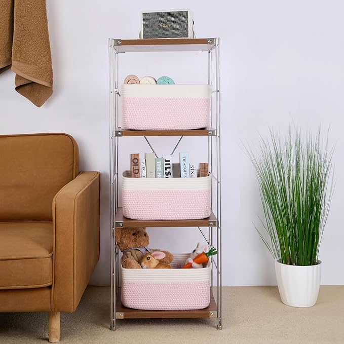 Large Storage Baskets for Shelves, Closet Organizers Bins for Clothes Blanket Towels, Baby Nursery, Toy Baskets Box, Woven Rope Baskets, 17 x 13 x 7.5”, 3 Packs Woven Pink