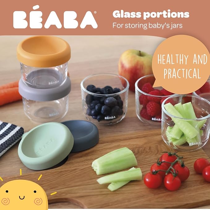 BEABA 5 oz Glass Baby Food Jars with Soft Silicone Air Tight Lids, Glass Storage Containers with Lids, Microwave and Freezer Safe Containers, Sage Green
