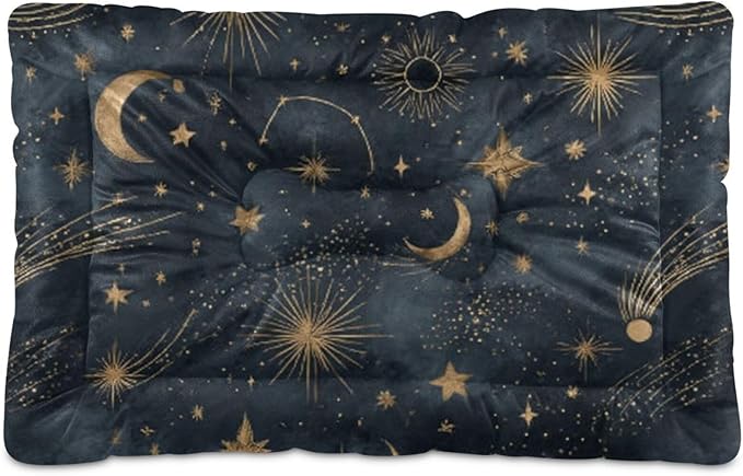 Moon Stars Dog Bed Mat Gold Black Starry Pet Kennel Beds Washable Cat Beds Crate Pad Pets Sleeping Mattress for Large Medium Small Dogs 36x24 Inch